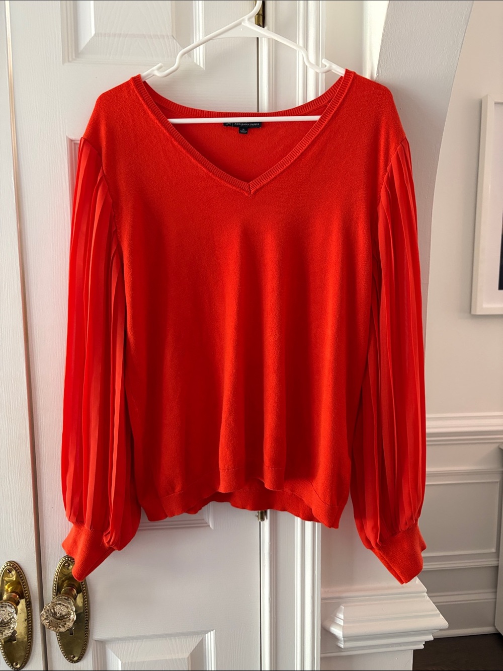 Adrianna Papell V-Neck Knit Sweater Pleated Balloon Sleeves Viscose Orange X